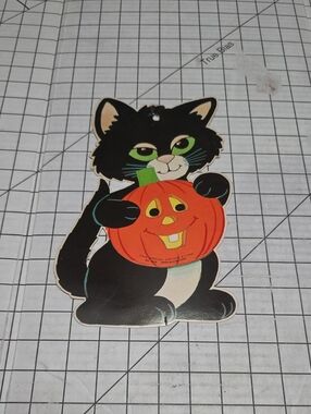 Black Cat Halloween Pumpkin Die-cut VTG Fun World 6.8"W X 10.5"T One-Sided